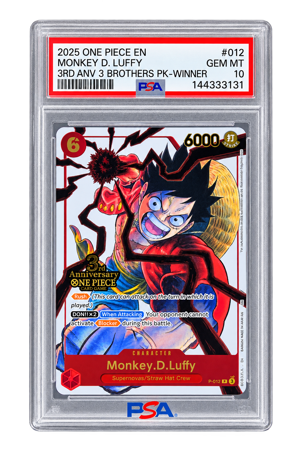 #012 Monkey D. Luffy 3rd Anniversary 3 Brothers PK-Winner Promo — PSA 10 Gem Mint
